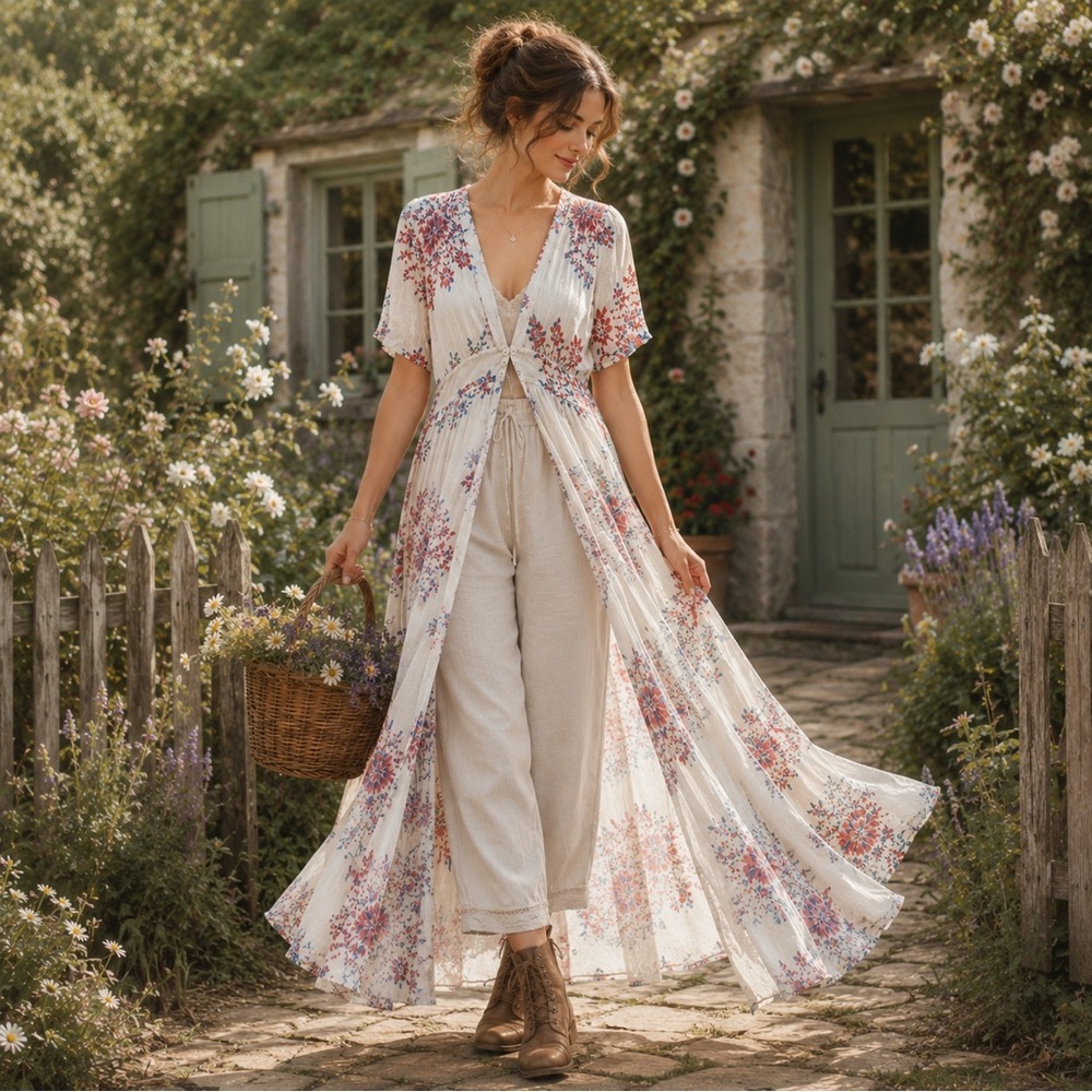 RAGA Maxi Duster Long Dress Top Daisy Daze Boho Festival Floral Button-Front S